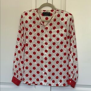 Vintage Louis Feraud White Blouse with Red Polka Dots size 6